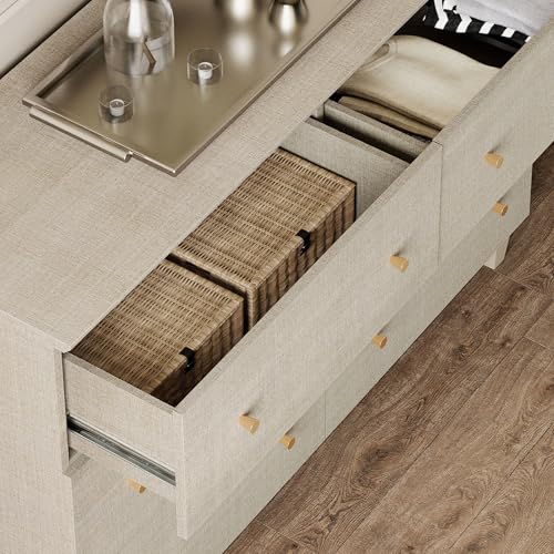 Image of WAMPAT 6-Drawer Dresser for Bedroom, Modern Chest of Drawers with Gold Knobs, 47.2 Inch Wide Linen Printed Finish Wood Storage Organizer for Kids Room, Living Room, Nursery, Dark Beige