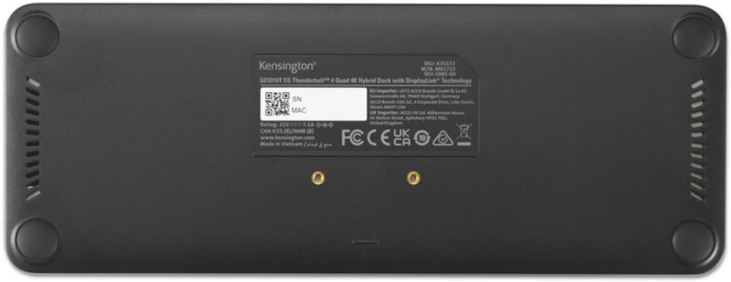Kensington SD5920T EQ Thunderbolt 4 Quad 4K Hybrid Base with DisplayLink Technology, SD and Micro SD Card Readers, 100W Power Charging, Ethernet and USB-A and USB-C 3.2 Ports (K35234EU)
