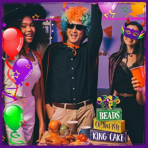 Image of Moucuny 4 Pcs Mardi Gras Table Decorations Wooden Mask Decor Purple Golden Green Carnival Tiered Tray Decor Mardi Gras Centerpieces Decorative Masks Block Signs Gift for Masquerade Party Home Kitchen