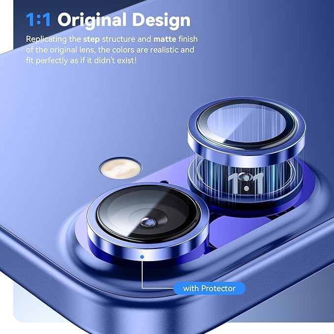 Image of RODMED Premium Camera Lens Protector Compatible For iPhone 16 Plus (Blue) Camera Lens Protector - 9H Tempered Glass, Military-Grade Anti-Scratch, Case-Friendly, Easy Install Frame