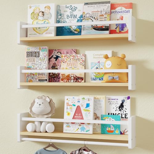 Image of MXCSE Nursery Book Shelves, 15.8 Inch Floating Book Shelves for Wall Set of 3, Toddler Bookshelf for Kids Rooms, Solid Wood Hanging Shelves for Boy Girl Nursery Decor, Toy Storage