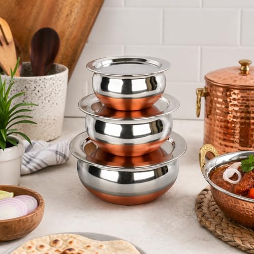 Image of Steel Magic Copper Bottom Handi /Urli Set, Cookware Set Induction Bottom Cookware Set, Stainless Steel, Copper Handi Set of 3 (800, 1100, 1600 ML)