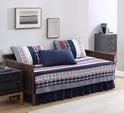 Chezmoi Collection Milton 5-Piece Plaid Checkered Patchwork Striped Quilted 100% Washed Cotton Reversible Quilt Set, Daybed Size #TOP21