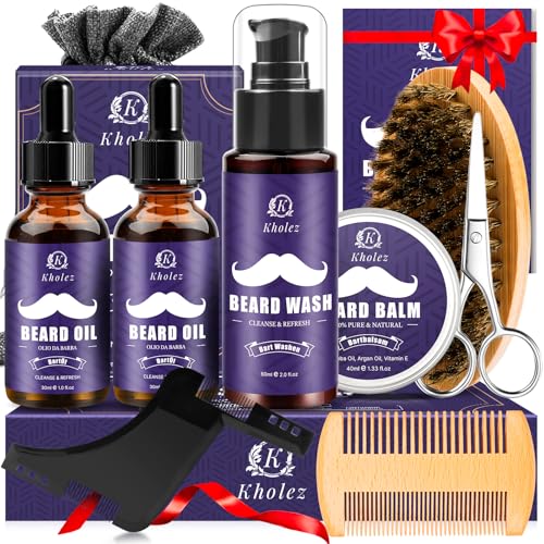 Beard Grooming Kit,Beard Growth Kit w 2 Beard Oil, Beard Wash, Beard Balm, Beard Comb, Beard Brush,Scissors,Beard Shaper,Storage Bag,Beard Care&Trimming Kit Beard Kit Birthday Gifts for Men Him