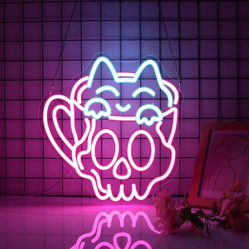 Image of Neon Sign, JGHTURIE Cup Neon Signs for Wall Decor Funny Skull Cat Light Up Sign USB Powered Pink Led Signs for Man Cave Business Coffee Cafe Shop Bakery Hotel Store