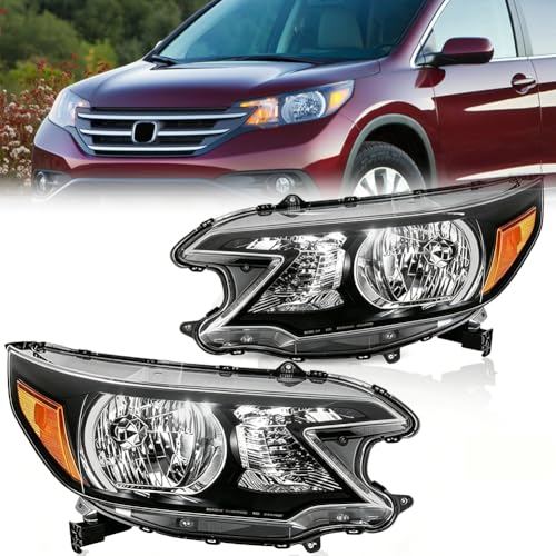 Headlight Assembly for 2012 2013 2014 Hon-da CR-V, OE-Style CR-V Halogen Head lamp with Clear Lens Black Housing Amber Reflector, Left Driver & Right Passenger Side, 1 Pair