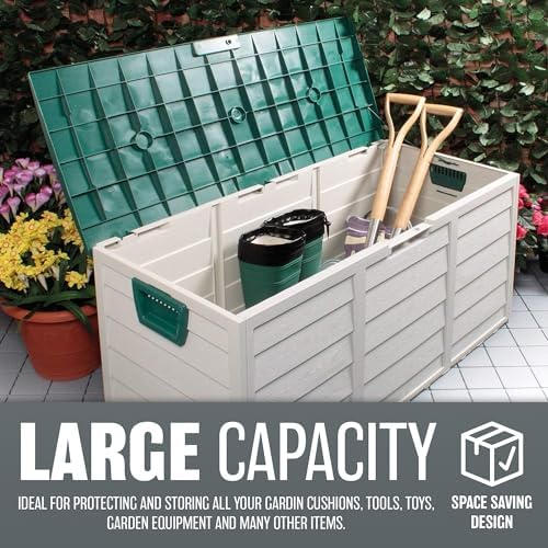 Outdoor Garden Furniture Storage Box - Plastic Seat Utility Chest Cushion Shed Box For Garden Tools, Toys, Equipment | Safe and Secure - All Weather Resistant | Indoor - Green Lid, Handles and Wheels