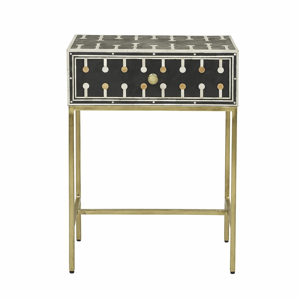 furniture bone inlay side table with drawer, black and gold, geometric pattern, gold metal legs
