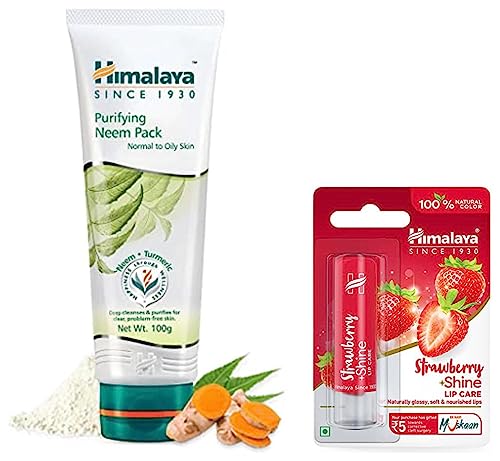 Image of Himalaya Herbals Strawberry Shine Lip Care, 4.5g & Himalaya Purifying Neem Pack, 100g