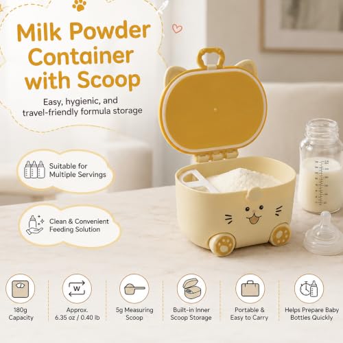 Image of Uonibaby by StarAndDaisy formula milk container for baby milk powder container with scoop , portable Formula Dispense, Airtight First Feed Baby food Storage container / Box for travel 200 grams- Kitty Yellow