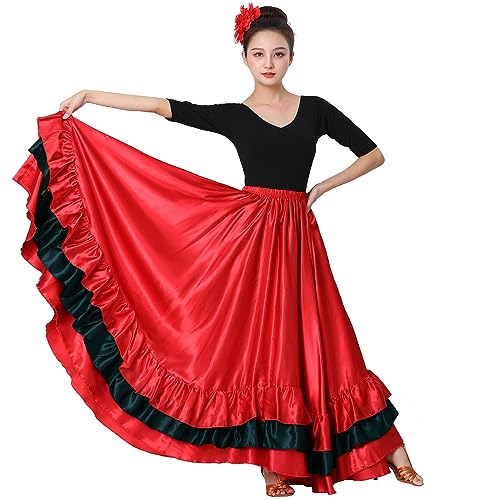 Womens Long Circle Spanish Bull Folkloric Mexican Flamenco Bomba y Plena Belly Dance Skirt Party Dancing Costume (Red)
