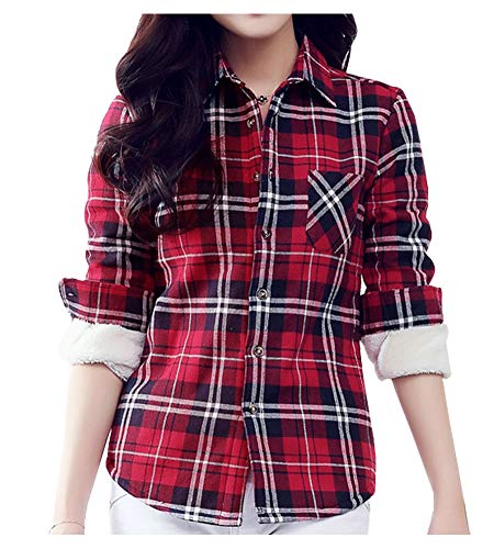 LifeShe Women's Warm Sherpa Lined Fleece Button Up Long Plaid Flannel Shirt Jacket with Pocket