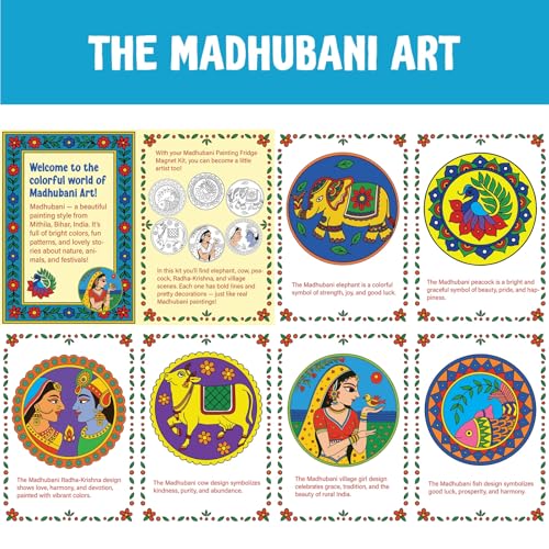 Image of SparkLPlay DIY Madhubani Art Kit for Kids. Coloring Set with - 6 Magnetic Cutouts, 12Color Pens & Booklet. Creative Art & Craft. Mess Free. Gifts for Kids.