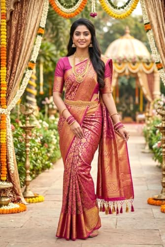 Image of VFCollections Women's Kanchipuram Silk Pure Pattu Sarees With Blouse