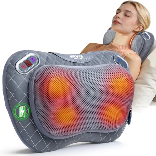 ALLJOY Cordless Neck and Back Massager with Heat & LCD Display - Rechargeable Shiatsu Massage Pillow for Muscle Pain Relief Use While Charging Gifts for Women Men
