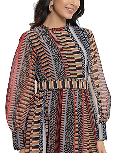 Image of Juniper Black Alphin Chiffon Printed Flared Dress with Waist Tie-up