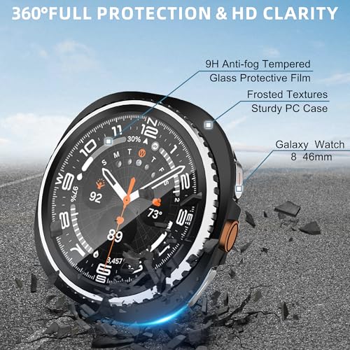 TSOGIA 2 Pack Case with Screen Protector for Samsung Galaxy Watch 8 Classic 46mm, Screen Protector Case, Hard PC Bumper + HD Anti-Fog Tempered Glass Protective Film, Overall Protective Cover, Black - image 7