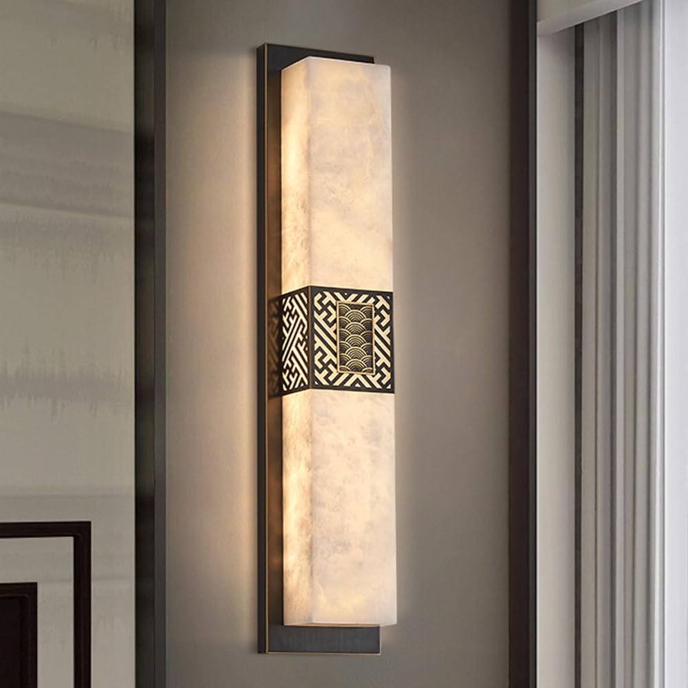 TRIVIDHA Modern Marble Wall Lamp Natural Alabaster Wall Sconce Lone Linear Marble Wall Sconces Brass Base Bathroom Vanity Wall Light Fixtures For Living Room Bedroom Hallway Dining Room