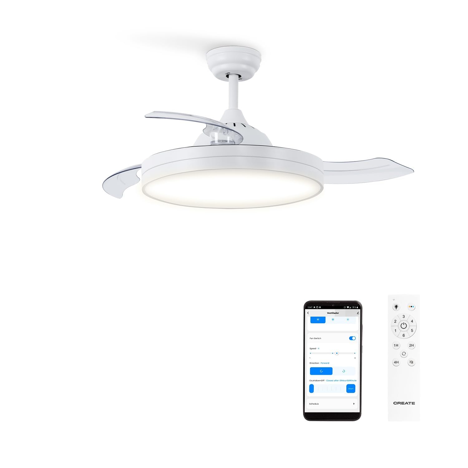 CREATE / WIND CLEAR M/Ceiling fan with white light with remote control and Wi-Fi/40W, Ø108 cm, timer, 6 speeds, retractable blades, 3 light temperatures, summer-winter function