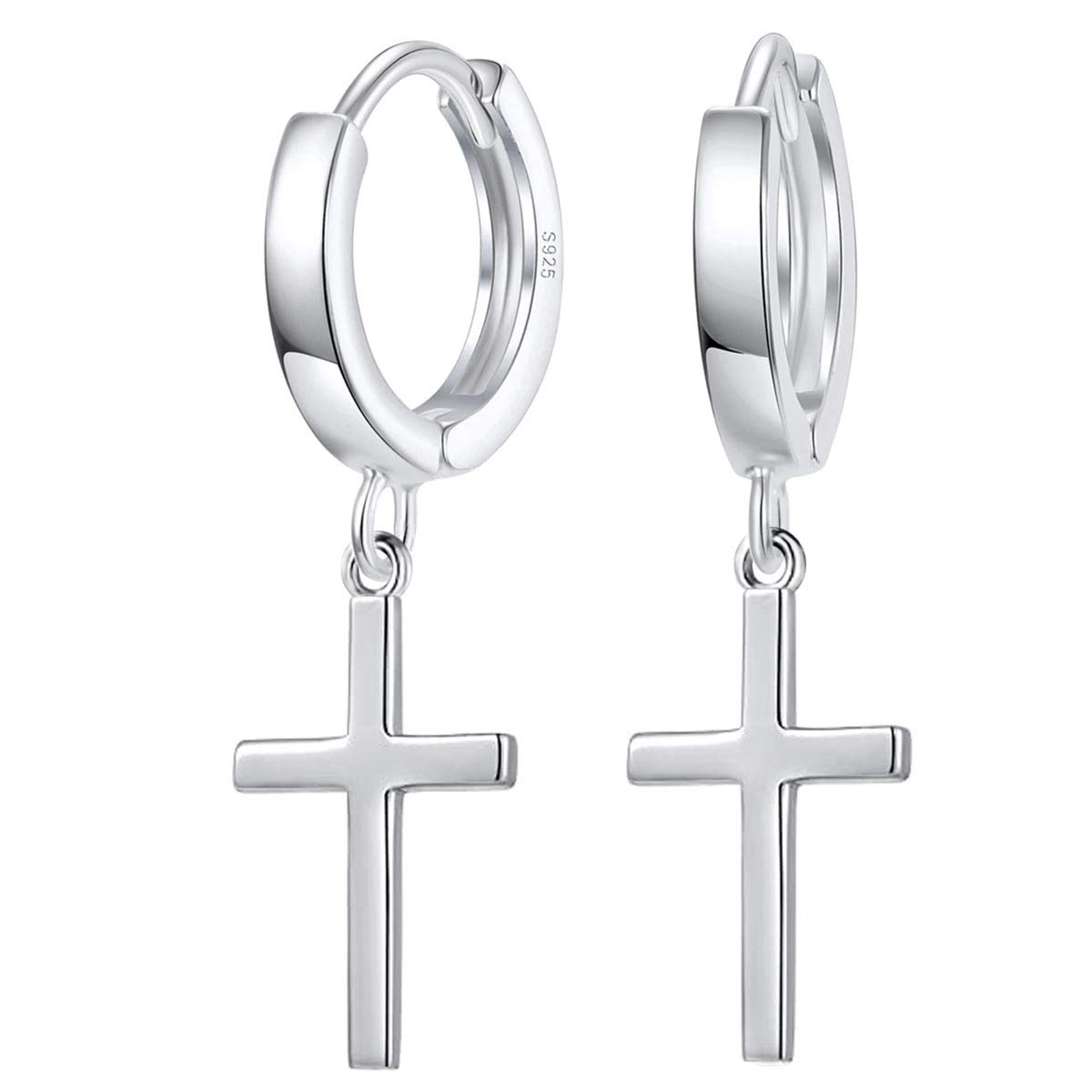Orecchini A Cerchio In Argento 925 Con Pendente Piccola Croce, Tono Argento E Rosa, Nuovi Senza Scatola