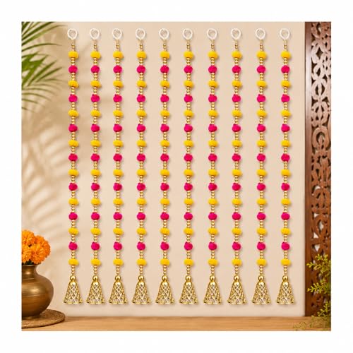 Image of Bindian Pom Pom Beads & Golden Bell Toran for Main Door, Pack of 10 Home Decor Wall Hanging Decoration, Door Hanging Decorative Items, Pooja Room Decor, Festival Decoration