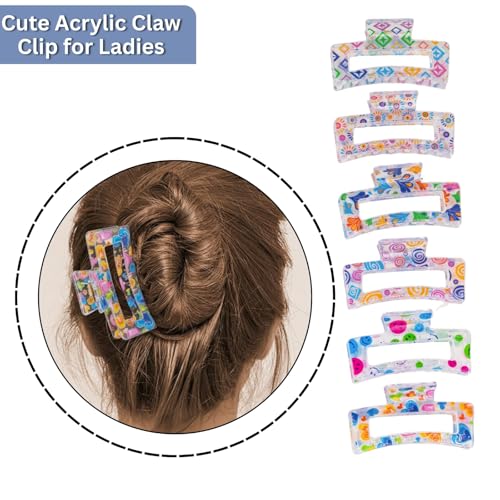 Image of Cerrito 3 Pcs Big Hair Claw Clips, Large Rectangle Clutchers for Hair, Strong Hold Nonslip Printed Clip Hair Accessories for Women & Girls with Thick, Thin, Curly, Straight, Multicolor