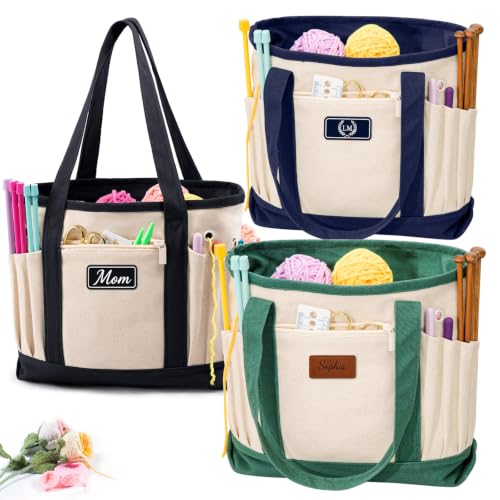 Image of Personalized Crochet Bag with Custom Leather Patch or Embroidered Name, Canvas Knitting Tote for Yarn Storage, Crochet Organizer with Multiple Pockets, Custom Gift for Crocheters & Knitters