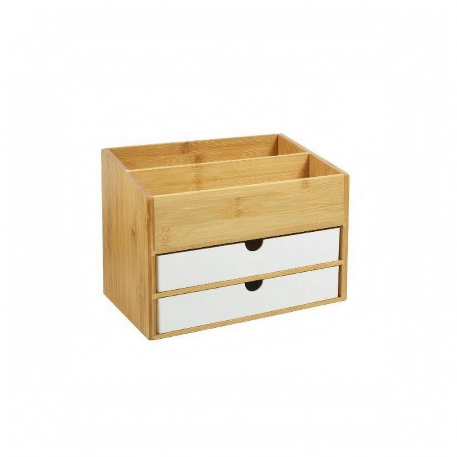 CALANDIS Bamboo Desk Drawer Organizer Open Top Desktop Bamboo Organizer Wood Grain White Double Layer-picture-31