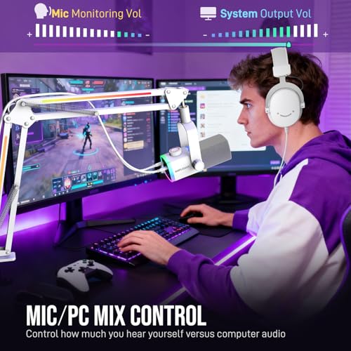 Image of FIFINE Streaming Microphone Kit for Gaming, XLR /USB Dynamic Mic with RGB Boom Arm Stand for Podcast Vocal, PC Microphone with Mute Tap, 3-in-1 Volume Knob, Audio Balance-AmpliGame AM8PROT White