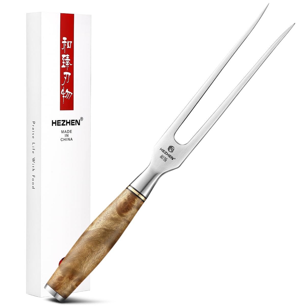 HEZHEN Forjado Tenedor de Tallado y Barbacoa Al Aire Libre - 15,5" de Acero Inoxidable 430 Sólido - Mango de Madera Figaro Sycamore - Caja de Regalo Incluida
