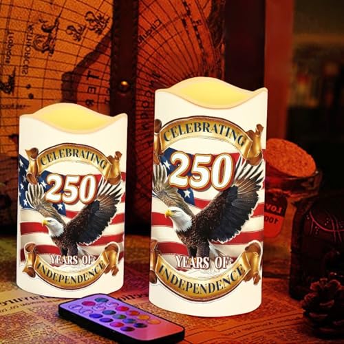 Image of Bald Eagle White Candles Celebrating American 250th Anniversary Battery Led Lights with Timer Patriotic Remote Control Candle for Independence Day Holiday Decorations, 4 Pack