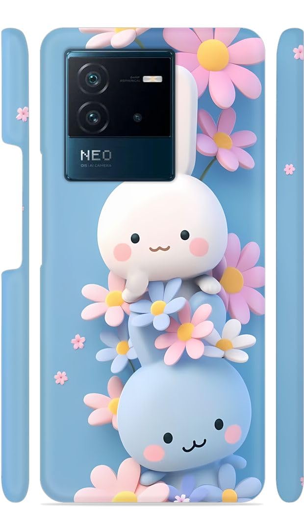 YAPZONE White n Blue Bunny Flowers Designer Printed Hard Back Cover for iQOO NEO 6 5G Attractive and Uniquely Crafted Smartphone Case