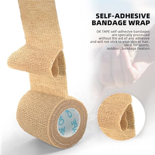 Image of OK TAPE Self Adherent Cohesive Bandages Wrap 24Packs 2 inch x 5 Yards | Non-Woven Self Adhesive Athletic Sports Wrap Tape Vet Wrap Bandages Tape for Thumb Finger Wrist Ankle (Beige)