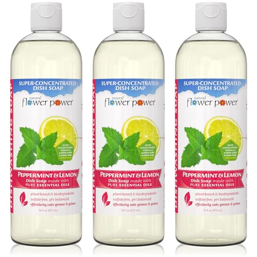 Image of Natural Flower Power - Plant-Derived Dish Soap - Sulfate-Free, Bio-Based, pH-Balanced, Vegan Cleaning Supplies - Peppermint & Lemon - 3 x 16 oz