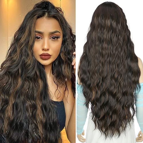 PORSMEER Long Wavy Black & Brown Wigs for Women, Middle Part, Fluffy Curly Wigs, Natural Looking, Synthetic