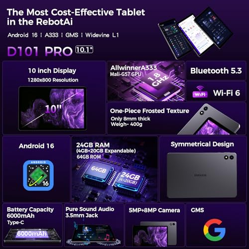 Image of 2026 Tablet 10.1 inch Android 16 with Gemini AI, 16GB RAM + 64GB ROM, GMS Widevine L1, WiFi 6 & BT 5.3, 1280 * 800 HD, 6000mAh Tablet (Gray)