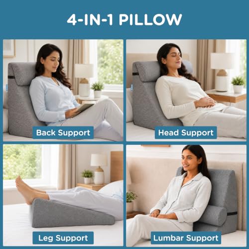 Image of ComfyHug Wedge Cushion with Headrest for Sleeping & Back Support - Bed Wedge Pillow for Acid Reflux, GERD, Snoring & Post-Surgery Relief | High-Density Foam, Washable Cover (20 x 18 x 10 Inch, Grey)