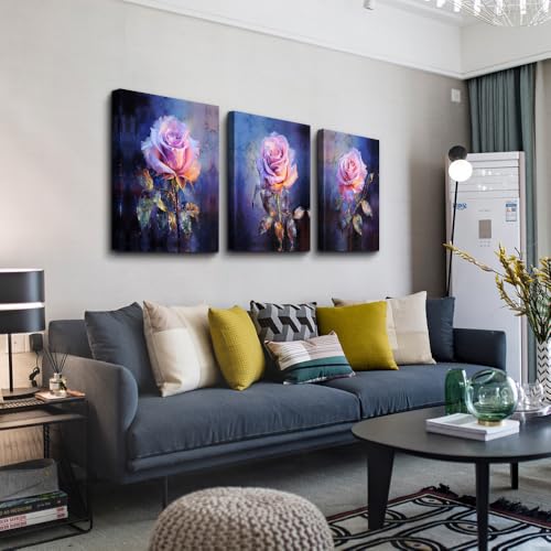 DZRWUBHS Canvas Wall Decor for Bedroom Living Room Wall Pictures Rose Flowers Wall Art Painting Modern Office Floral Home Decorations Vintage Posters Minimalist Farmhouse Ready To Hang 3 Piece