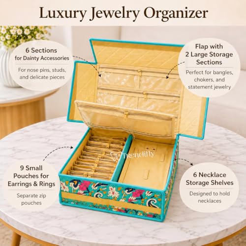 Image of Trendifly Royal Flower Design Jewellery Organiser bag | Travel Makeup Cosmetic Jewelry Storage organizer box for Bridal women Earrings Bracelet Necklace (Aqua Green)