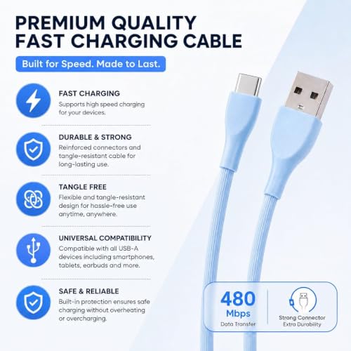 Image of Treziya USB-A to USB-C Cable, 3A Fast Charging & 480 Mbps High-Speed Data Transfer Cable, Durable Tangle-Free Type-C Charging Cable for Smartphones, Tablets & More, Blue