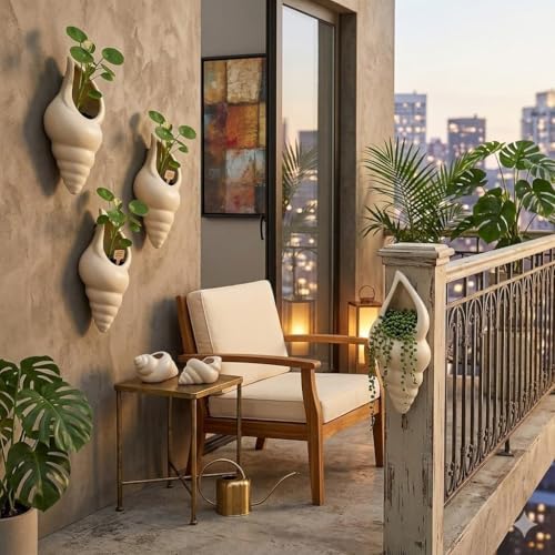 Image of JIYANSH Creation Ceramic Wall Planter Set of 2 - Modern Scalloped Hanging Flower Pot for Indoor Plants Succulents Air Plants - Half Moon Wall Vase (White)