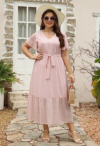Image of Nemidor Plus Size Women Casual Maxi Dresses Print Bobo Belted Layered Chiffon Summer Long Dress with Ruffle Sleeve