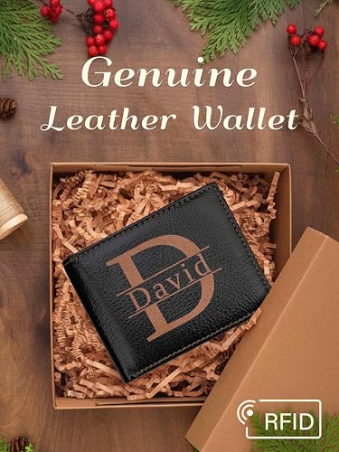 Personalized Wallet for Men, Customized Engraved Genuine Leather Wallet RFID Blocking for Him, Dad, Father, Boyfriend, Son, Husband, Groomsmen, Gifts for Birthday, Anniversary, Graduate (Dark Brown)2