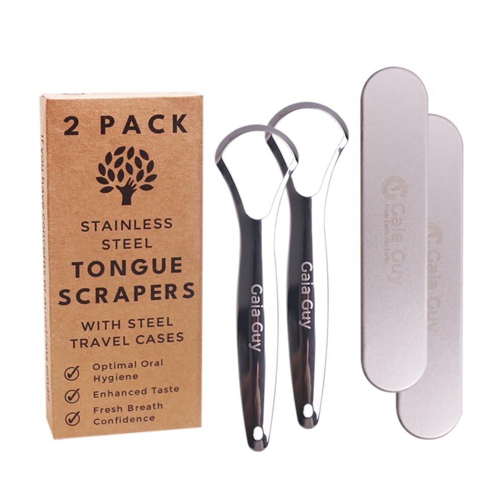 Stainless Steel Tongue Scraper (2-Pack w/ 2 Steel Travel Cases Included), Tongue Cleaners Reduce Bad Breath, 100% Metal Tongue Scrapers with Metal Cases (Plastic-Free)