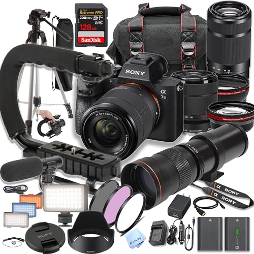 Sony A7 III with 28-70mm + 55-210mm Lenses + 420-800mm Lens +128GB Extreme Speed Card, U-Grip, Microphone, LED Video Light, Spare Battery, Filter Kit, More (Extreme Pro-Bundle), Black (Renewed)