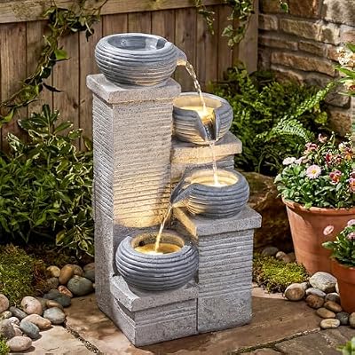 Giantex 4-Tier Water Fountain Outdoor, 23 Inch Cascading Bowls Waterfall Fountain with Warm LED Lights & Pump, Outside Zen Water Feature for Patio, Balcony, Deck, Garden, Yard Decor