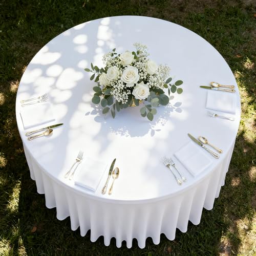Image of HolidayIdeas 6 Pack Spandex Table Skirt for 60 Inch Round Tables, White Fitted Stretch Tablecloth for 5 Ft Wedding Tables, Wrinkle Resistant Ruffle Design for Banquets, Baby Showers, Parties
