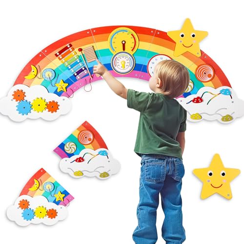 Image of Joyibay Rainbow Sensory Wall Panel,Wooden Montessori Busy Board with 9 Activities for Toddlers 1-3, Educational Sensory Toys for Daycares, Preschool, Bedrooms