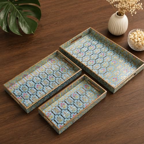 Image of Wooden Serving Tray Set of 3 Waterproof MDF Decorative Trays for Tea, Coffee & Breakfast | Floral Jharoka Design Multipurpose Dining Table Tray Set for Kitchen & Home Decor
