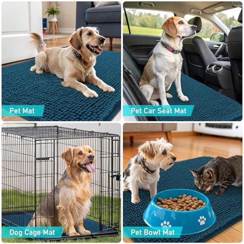 Image of OLANLY Dog Door Mat Set 2-Piece 30x20, Absorbs Moisture and Dirt, Absorbent Non-Slip Washable Doormat, Quick Dry Chenille Mud Mat for Dogs, Entry Indoor Entryway Carpet for Inside Floor, Atlantic Blue